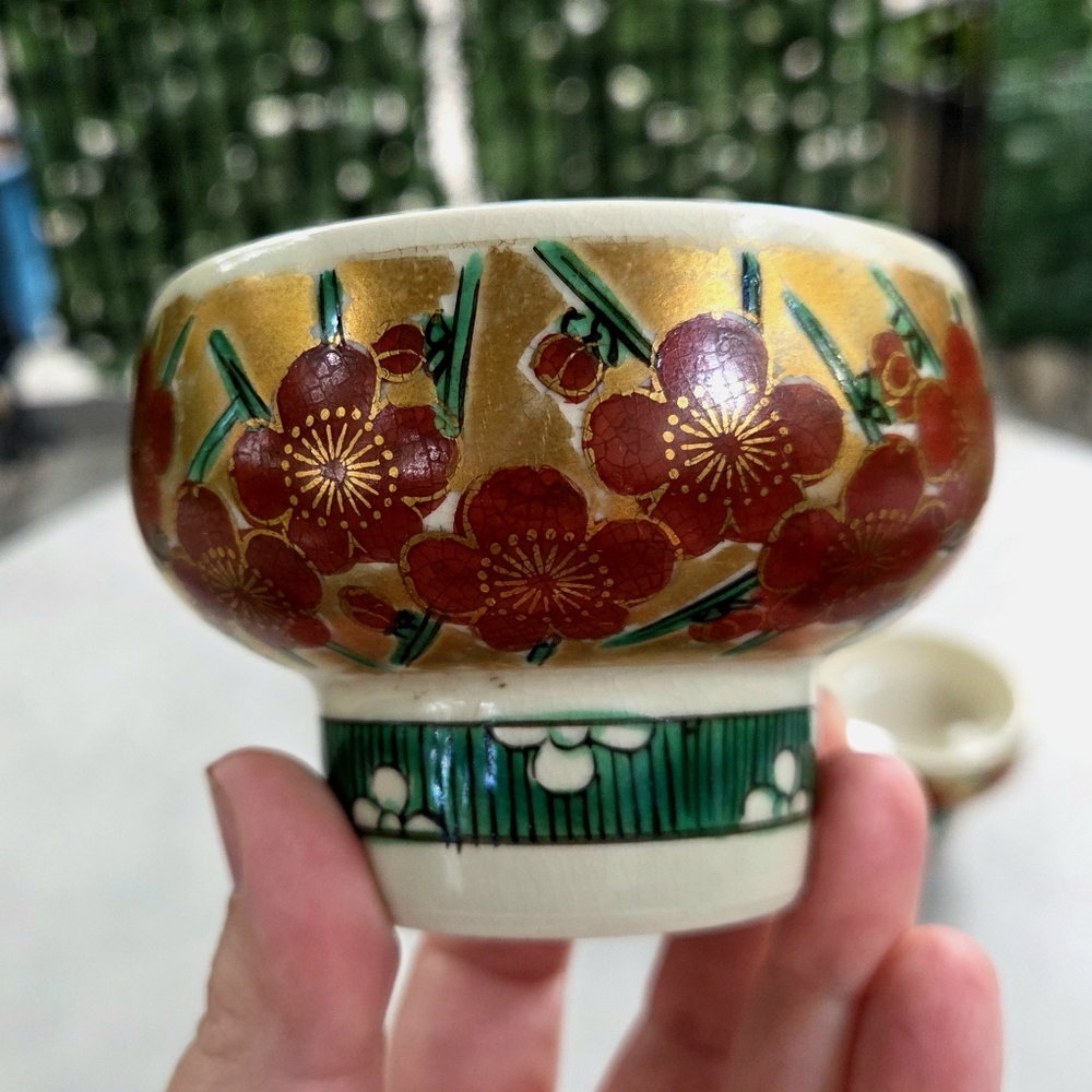 Set Of 4 Kutani Footed Handpainted Tea/Sake Cups With Stamp •Red Plum Blossoms•